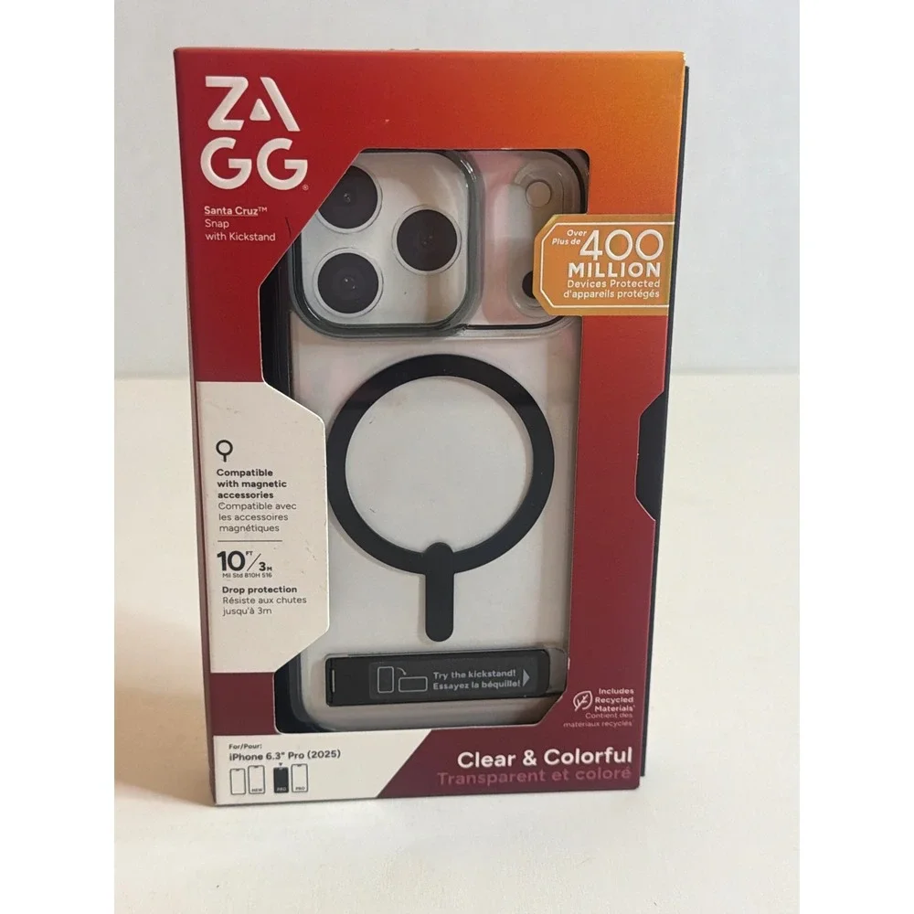ZAGG Santa Cruz Snap‎ Case with Kickstand for iPhone 16 Pro Clear Black MagSafe